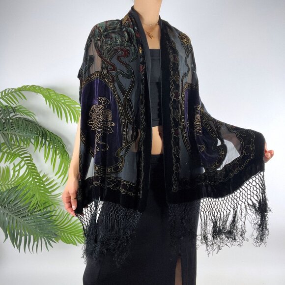 Vintage Black & Gold Silk Floral Velvet Whimsygoth Fairy Grunge Shawl Scarf - Picture 1 of 8